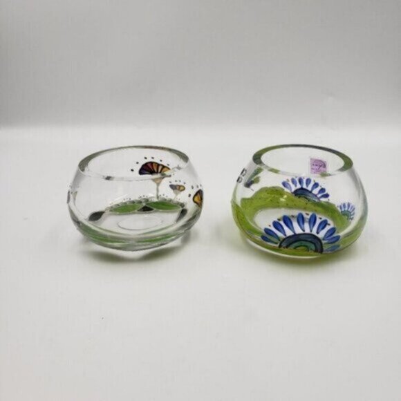 Nagel Glass Votive Candle Holders Hand Painted Colorful Heavy Glass Floral Two - Picture 8 of 15